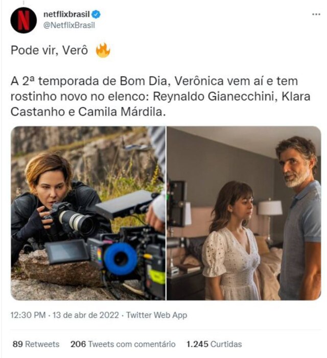 Twitter/@NetflixBrasil No Twitter, Netflix anunciou diversas produções nacionais, entre elas as novas imagens de 'Bom Dia, Verônica'.