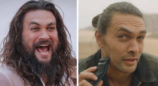 REUTERS/Lucas Jackson / YouTube/JasonMomoa O ator Jason Momoa, antes e depois de fazer a barba.