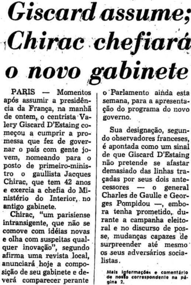 Acervo Estadão Jacques Chirac na edição de 28/5/1974.