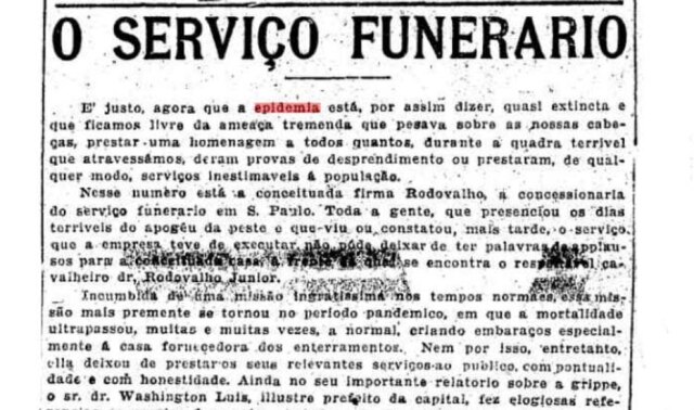 Acervo/ Estadão Nota de agradecimento aos funcionários do serviço funerário pelos trabalhos durante a epidemia de gripe espanhola em SP O Estado de S.Paulo - 15/12/1918