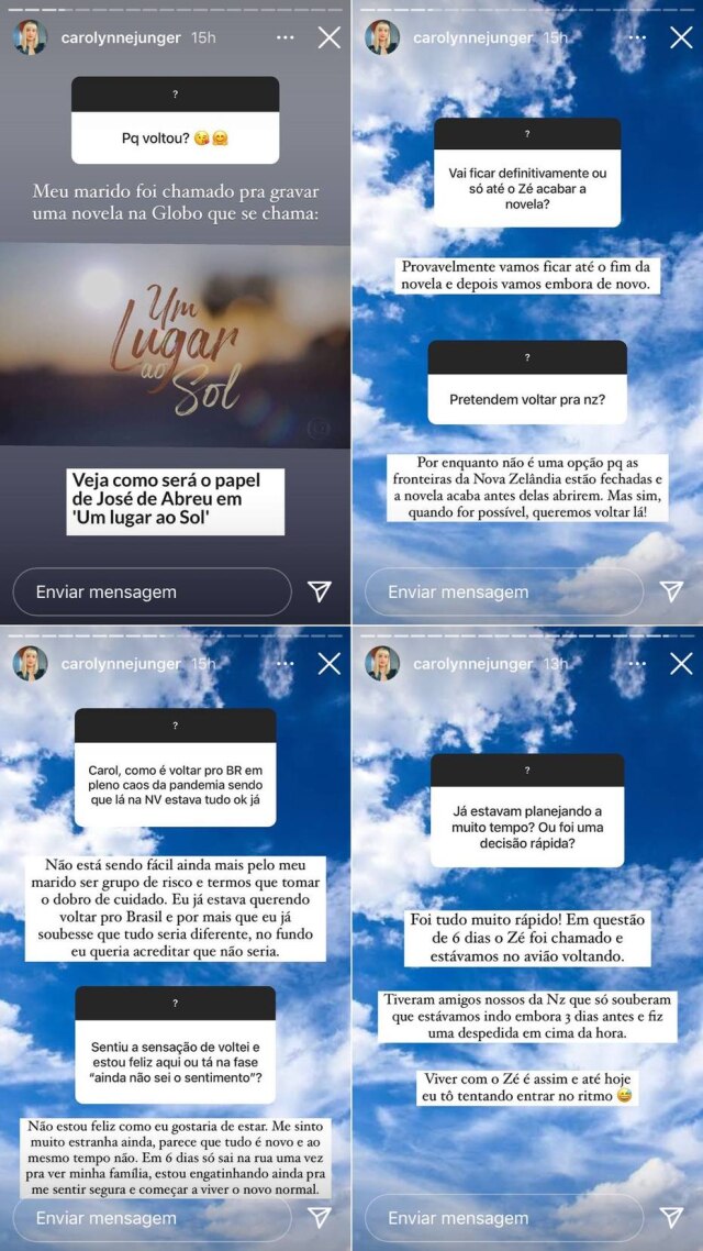 Reprodução Instagram / @carolynnejunger Carol Junger responde aos seguidores pelo Instagram