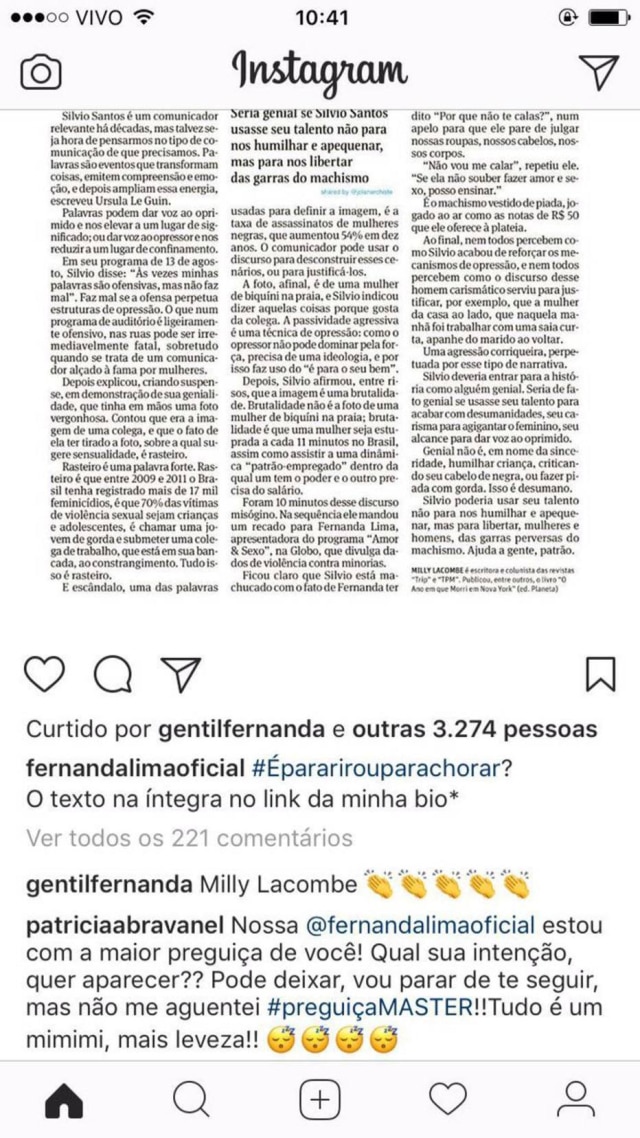 Instagram/@fernandalimaoficial Patrícia Abravanel escreveu em post de Fernanda Lima, mas depois deletou comentário