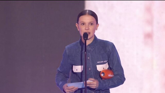 YouTube/Reprodução de 'Millie Bobby Brown's Meaningful Speech After First Blimp Win'/Nickelodeon Atriz se disse privilegiada por ter uma voz que 'pode ser ouvida para fazer uma diferença positiva'.