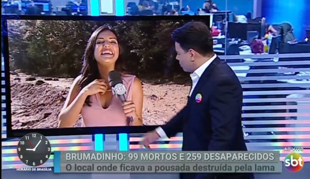 Reprodução de 'Primeiro Impacto' (2019) / SBT Márcia Dantas e Marcão do Povo durante a cobertura do 'Primeiro Impacto' em Brumadinho.