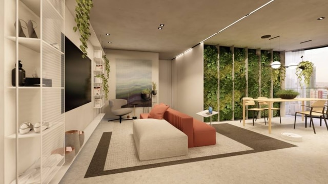 Consuelo Joge Arquitetos Integrada a sala de jantar e à varanda, área de estar recebe móveis adaptados tanto ao lazer como ao trabalho. Projeto Consuelo Jorge