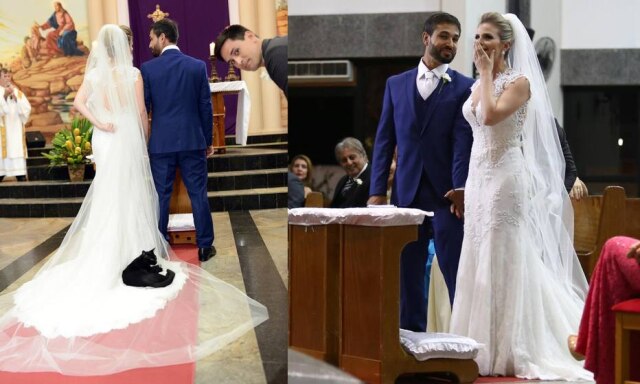 Wagner Breciane/Timóteo Sodré Os noivos Bruna Rizzo e Paulo Henrique Camargo com o visitante inesperado