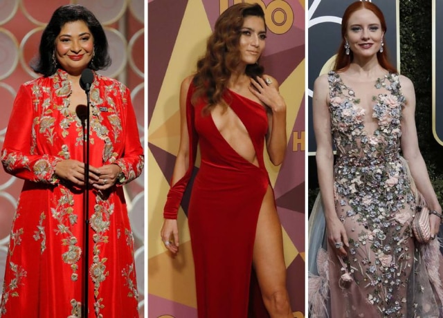 Paul Drinkwater / Reuters | Mario Anzuoni / Reuters | Mario Anzuoni / Reuters Meher Tatna, Blanca Blanco e Barbara Meier no Globo de Ouro 2018