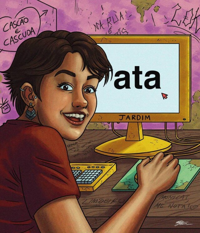 Instagram / @ogabrieljardim Gabriel recebeu alguns comentários de 'haters' (pessoas que fazem críticas não construtivas) e ironizou com meme 'Ata' da Mônica original. Na mesa, o quadrinista retratou rabiscos como 'Monicat, me nota!' e 'Magali tá mó gata. Me liga!'.