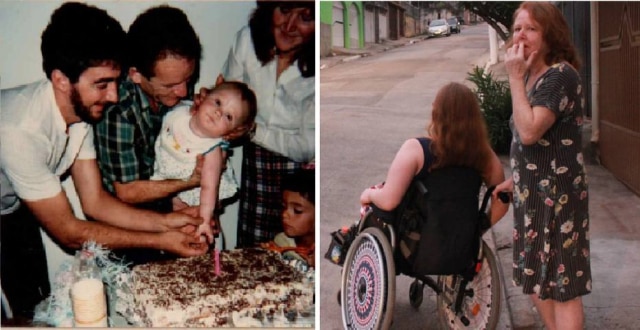 Elaine Paiva / Arquivo pessoal | Caio Nascimento / Estadão À esquerda, a mãe de Elaine, Marlene Paiva, equilibrava a garota durante a festa de seu aniversário de um ano. Até hoje a mulher, aos 66 anos, acompanha a filha. As duas moram sozinhas em uma casa de Pirituba, zona norte de São Paulo.