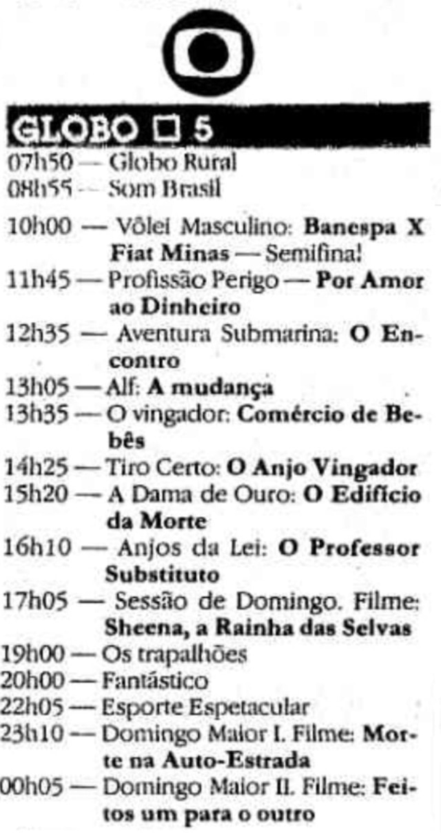 Acervo / Estadão Programação da Globo em 12 de março de 1989, duas semanas antes da estreia do 'Domingão do Faustão'.