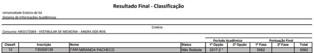 Reprodução/Estácio A carioca ficou na 12ª colocação geral de 55 aprovados para o curso de medicina.