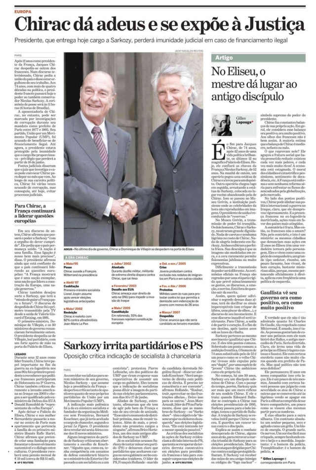 Acervo Estadão Jacques Chirac na edição de 16/5/2007.