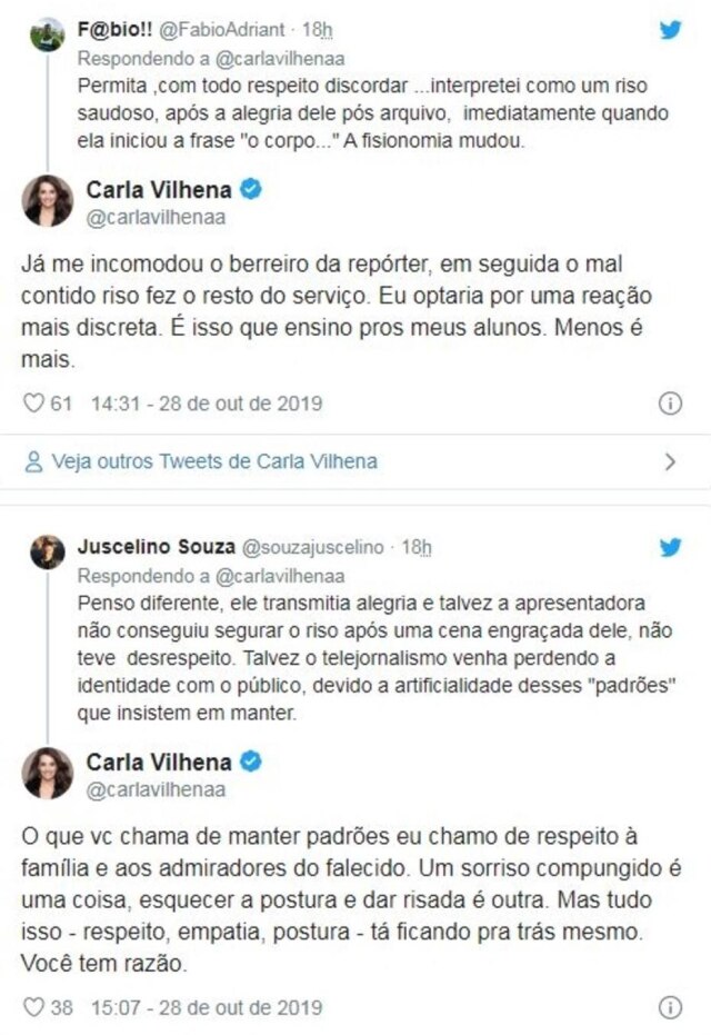 Twitter/@carlavilhenaa Carla Vilhena responde para internautas sobre críticas a Maju Coutinho.