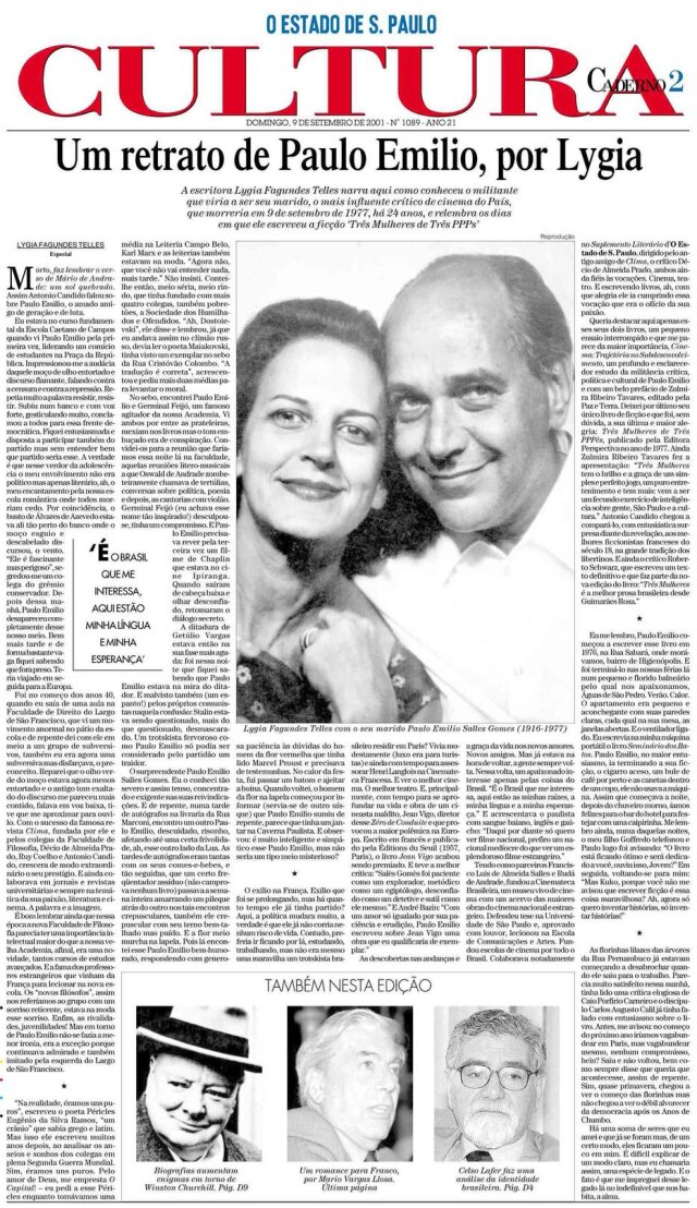 A escritora Lygia Fagundes Telles escreve sobre o marido Paulo Emílio no Estadão de 9/9/2001.
