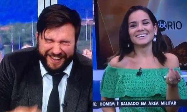 Cena do programa 'SBT Rio' Isabele Benito e Marcelo Carregosa não contiveram a risada no estúdio