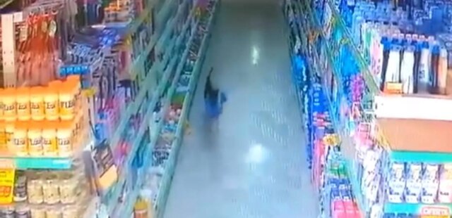 Facebook / União Supermercado Cachorro fugiu do supermercado e câmeras internas de segurança registraram o momento.