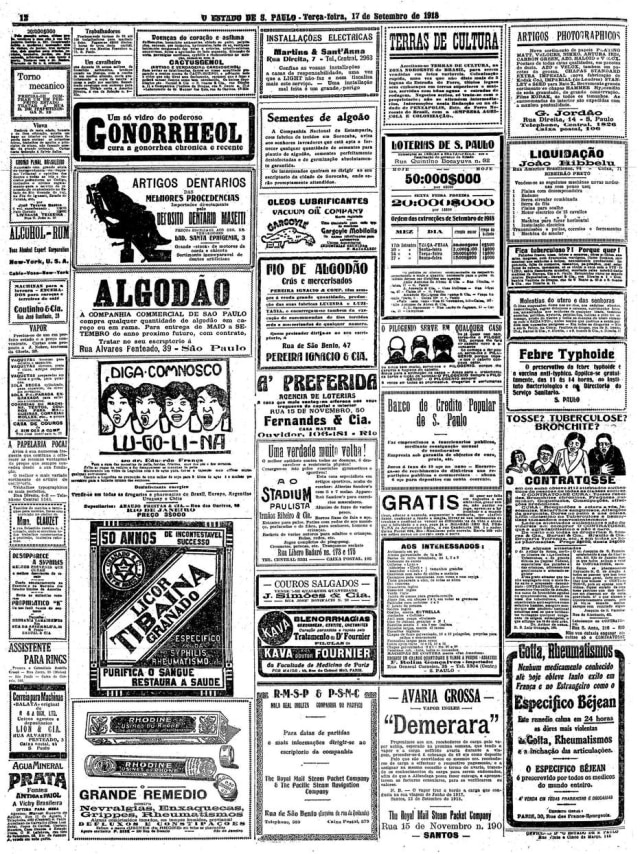 Acervo/Estadão Página de anúncios do Estadão de 17/9/1918