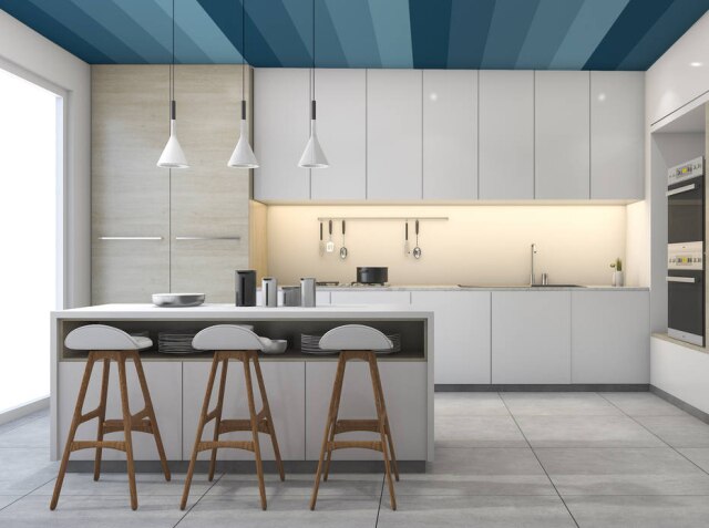 Estúdio DMAIZ! Tons de azul vão bem com ambiente branco da cozinha