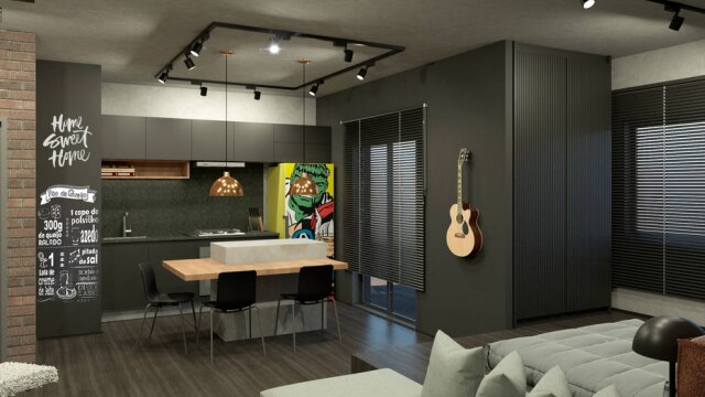 ISABELLA NALON ARQUITETURA A cozinha aparece completamente integrada à área de estar