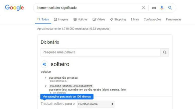 Reprodução/ Google Resultado da busca pelo termo 'homem solteiro significado' no Google