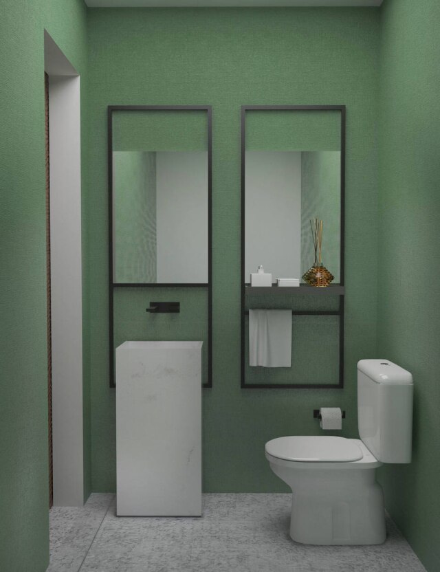 Ana Yoshida Arquitetura e Interiores No lavabo, escolha foi por um papel de parede verde e serralheria preta fosca para os espelhos