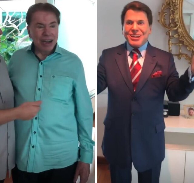 Instagram / @guguliberato Silvio Santos ao lado de estátua entregue por Gugu.