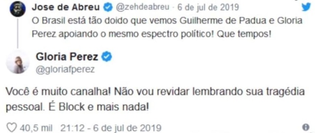 Twitter/@gloriafperez/@ozehdeabreu Gloria Perez e Zé de Abreu discutem no Twitter.