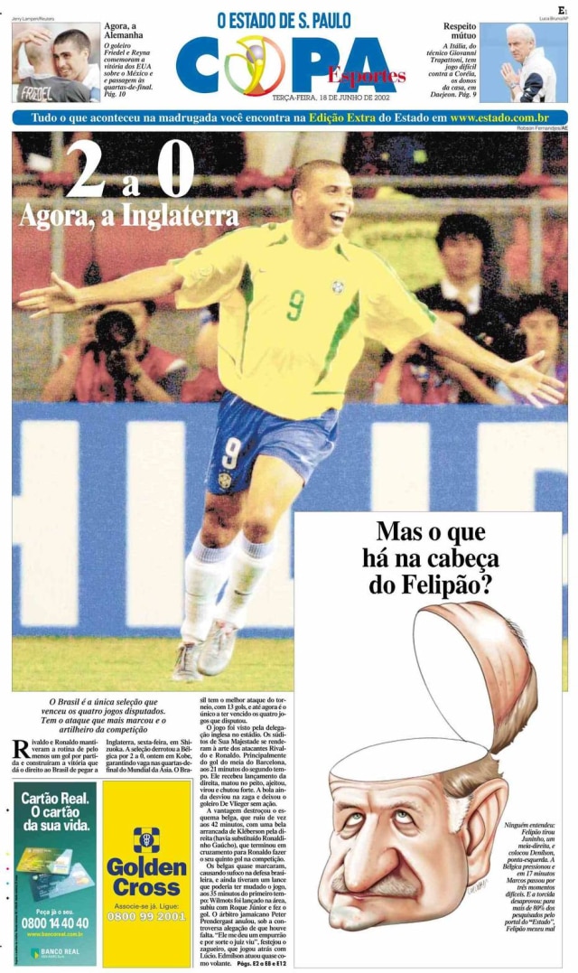 Brasil 2 x 0 Bélgica no Estadão de 18/6/2002. 