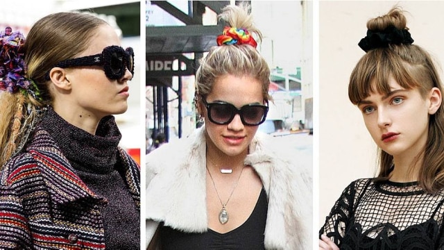 Catwalking.com (Chanel); Blayze/Splash News (Ora) Da esquerda pra direita: elástico de cabelo na passarela da Chanel; cores brilhantes da Rag & Bone para a cantora Rita Ora e na versão em algodão de Marc Jacobs