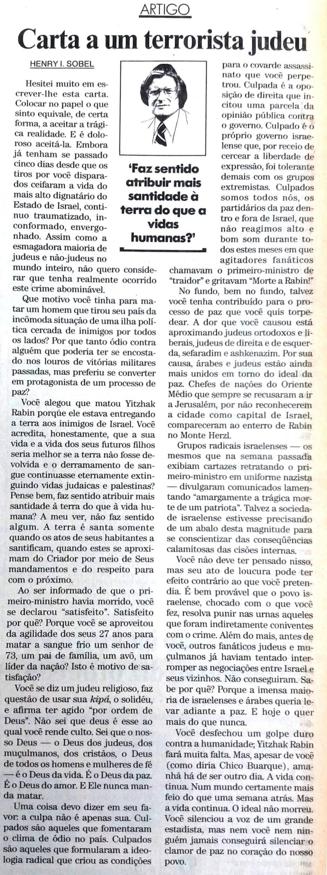 Acervo Estadão Texto de Henry Sobel sobre morte de Yitzhak Rabin em 1995.
