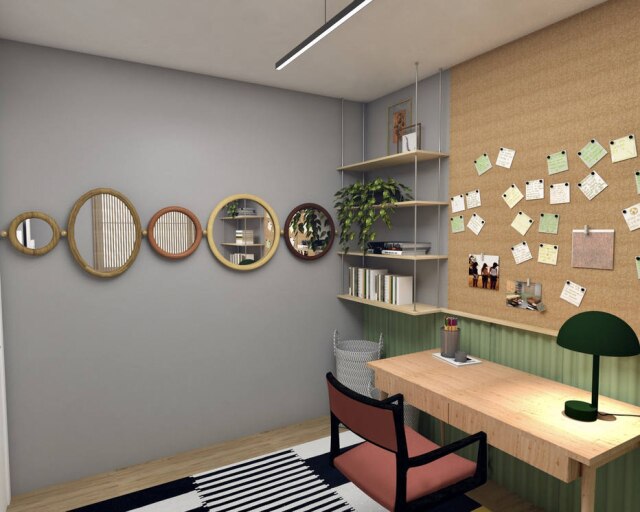 Ana Weege Arquitetura e Design de Interiores A área da escrivaninha, com painel para fixação de recados