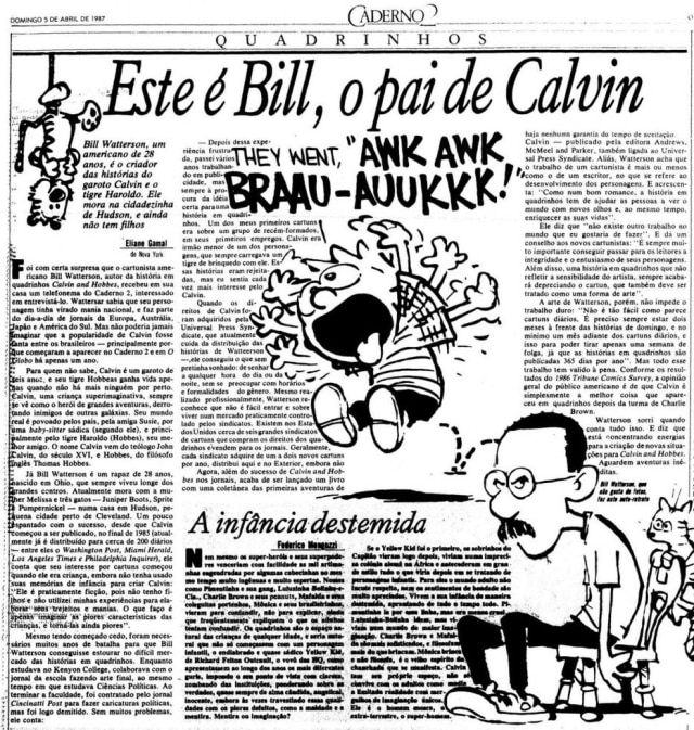 Acervo Estadão Rara entrevista de Bill Watterson sobre Calvin e Haroldo em 5/4/1987