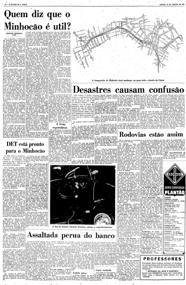 Acervo Estadão Reportagem sobre o Minhocão no jornal de 23/1/1971