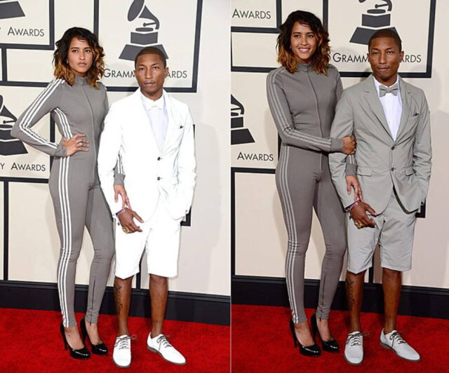 Pharrell Williams e sua esposa Helen Lasichanh no tapete vermelho do Grammy 2015