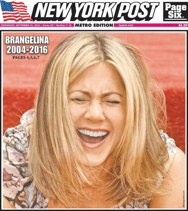 Divulgação Capa do jornal americano New York Post sobre o divórcio de Angelia Jolie e Brad Pitt