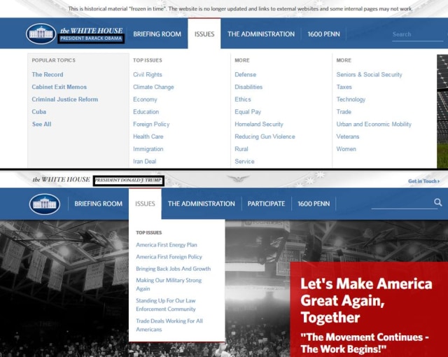 Reprodução A seção 'Issues', ou 'Questões', no site da Casa Branca sob o comando de Obama (acima) e após a posse de Trump (abaixo)