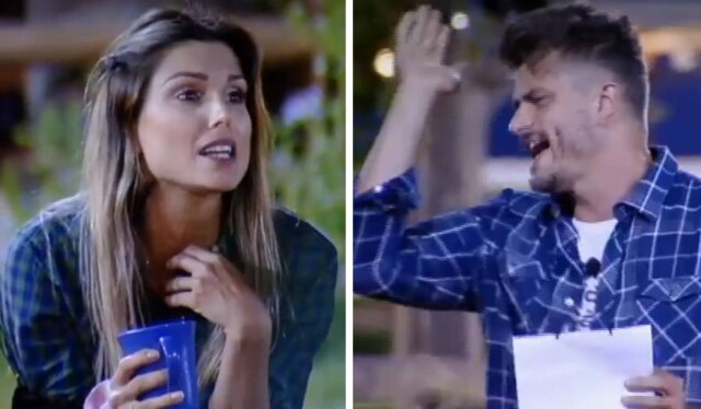 Reprodução de cena do programa 'A Fazenda 9' (2017) / TV Record Flávia Viana e Marcos Harter discutem durante atividade