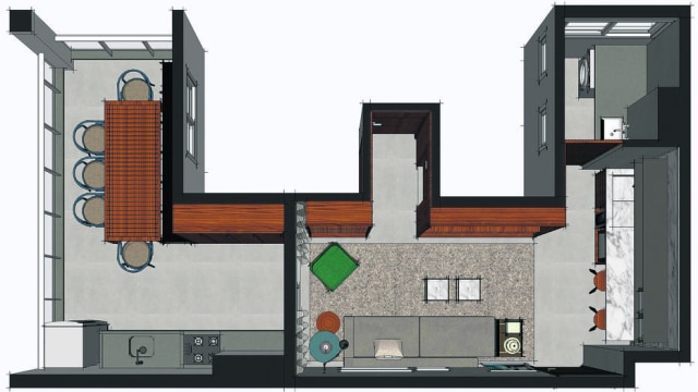 Maicon Antioniolli Estúdio Na nova distribuição proposta pelo arquiteto, a cozinha original do imóvel foi transferida para a varanda