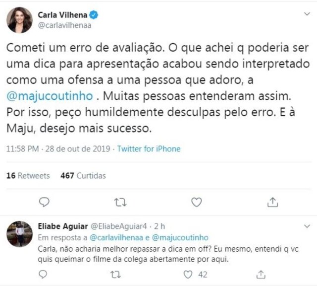 Twitter/@carlavilhenaa Postagem de Carla Vilhena, que pediu desculpas pelas críticas que fez a jornalista Maju Coutinho.