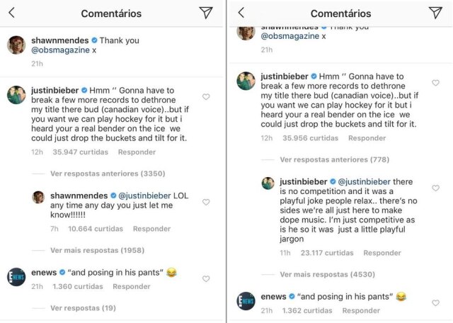 Instagram/@shawnmendes Comentários de Justin Bieber na publicação de Shawn Mendes.