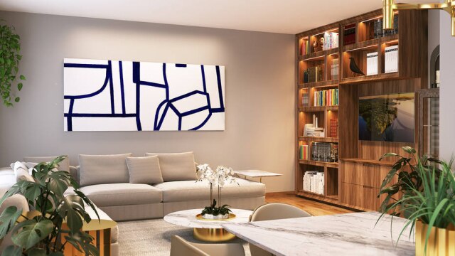 VIVIAN COSER ARQUITETOS ASSOCIADOS Vista para a sala de jantar com cristaleira ao fundo