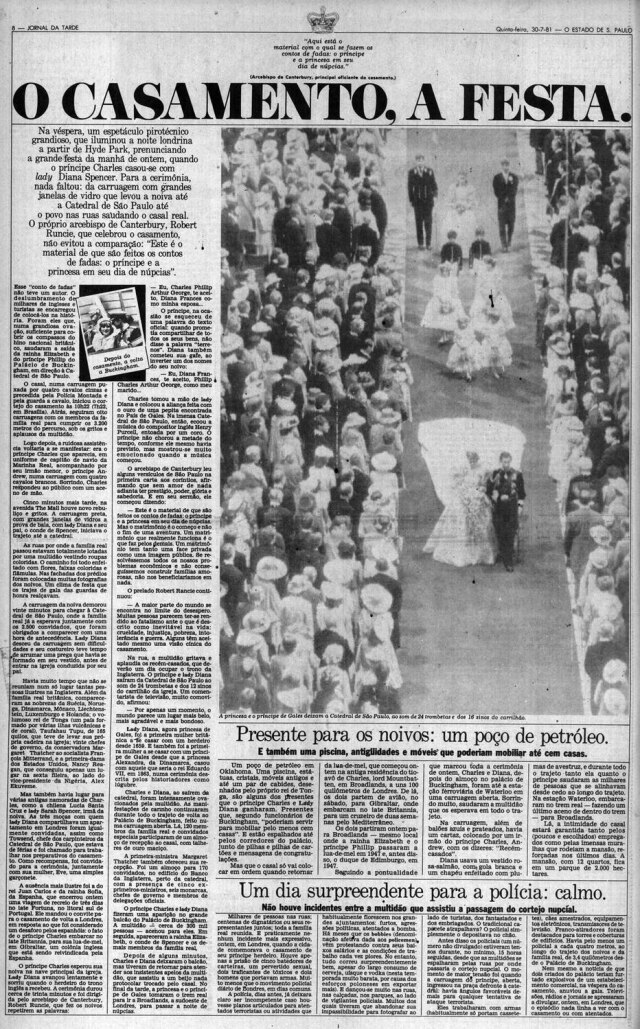 Acervo/ Estadão Cobertura do casamento do príncipe Charles e princesa Diana no Jornal da Tarde, 30/7/1981