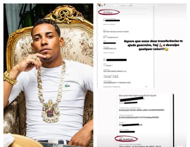 Instagram/@pozevidalouca O MC publicou uma série de prints com o valor da transferência ao segurança nas redes sociais