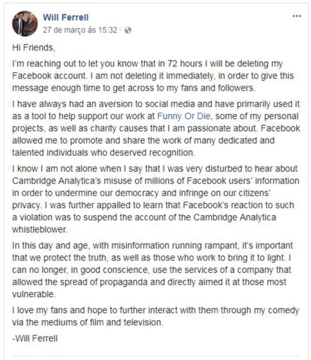 Reprodução de Facebook Will Ferrell deixará o Facebook nesta sexta-feira, 30