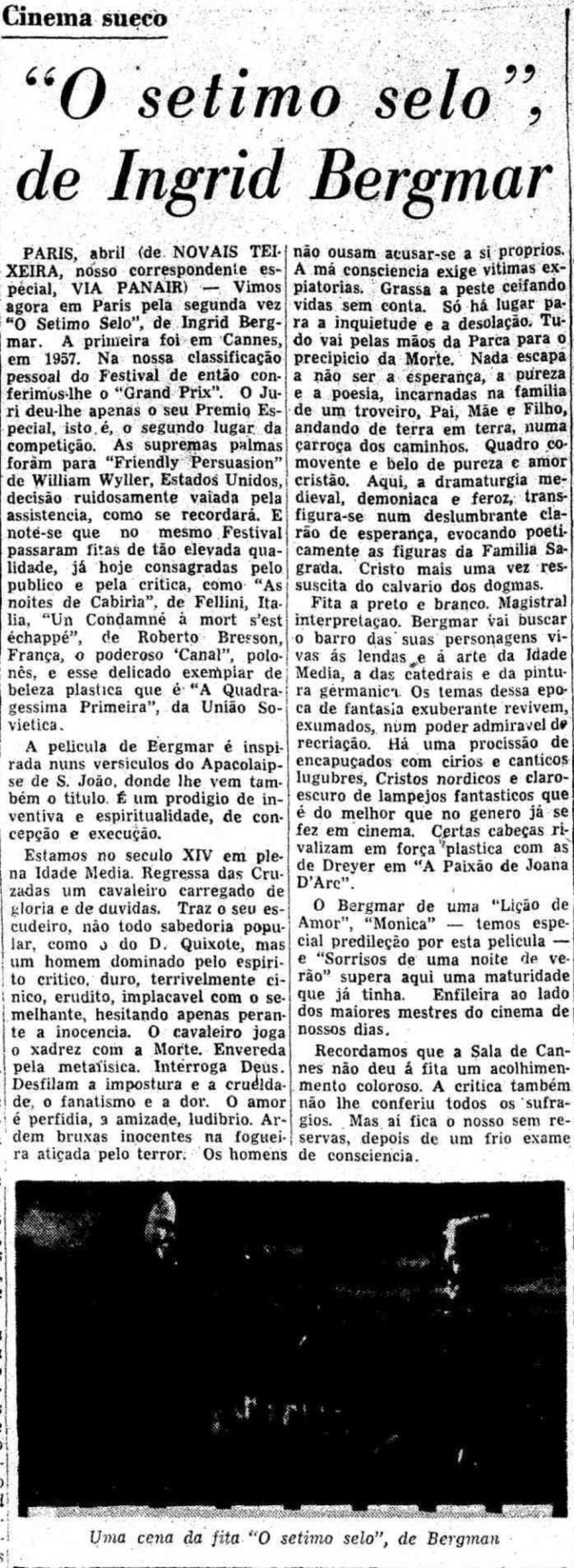 Acervo Estadão texto de 4/5/1958 sobre o filme 'O Sétimo Selo', de Ingmar Bergman.