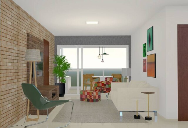 Gui Morelli Vista geral da sala, com varanda ao fundo e parede também revestida de tijolinhos