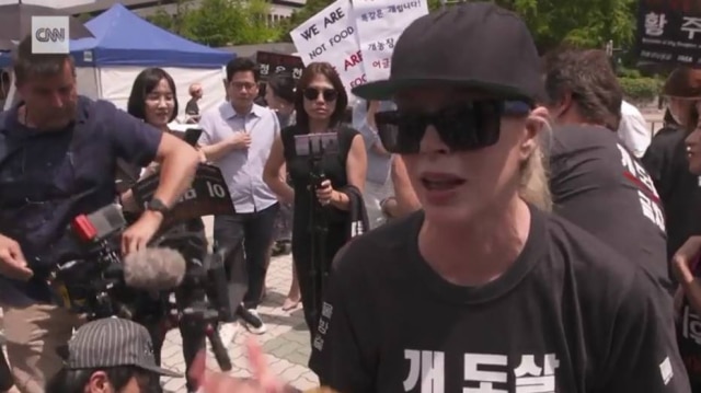 Reprodução/CNN A atriz Kim Basinger, que participou de protesto contra o consumo de carne de cachorro na Coreia do Sul.