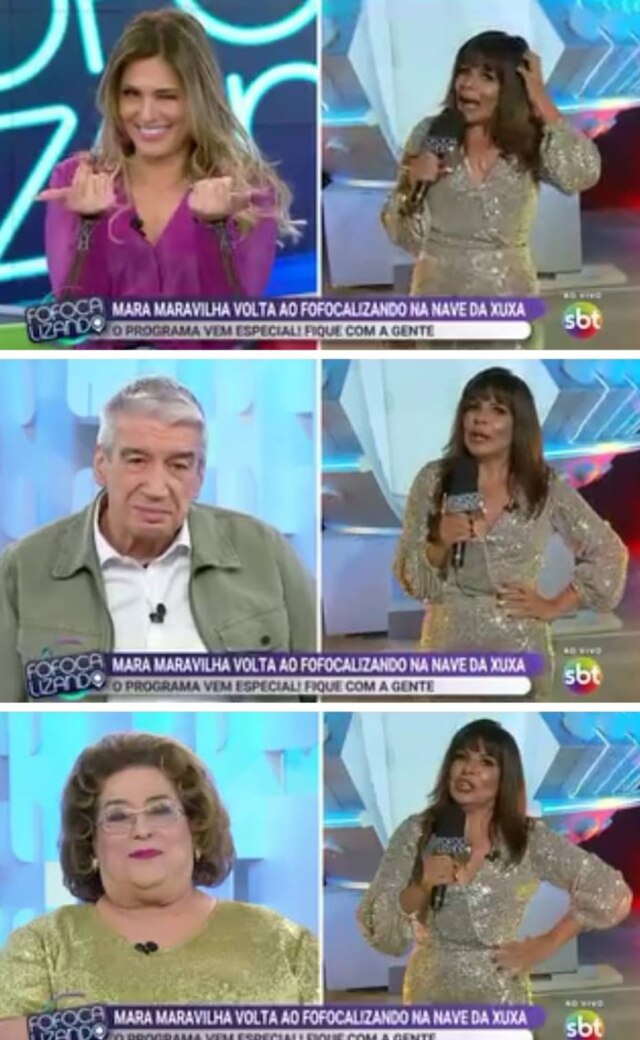 Reprodução de 'Fofocalizando' (2019) / SBT Livia Andrade, Décio Piccinini e Mamma Bruschetta durante o retorno de Mara Maravilha ao 'Fofocalizando'