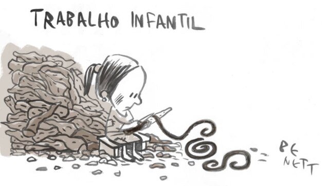 Ilustração/ Alberto Benett Criança descasca batatas em tirinha do cartunista Alberto Benett