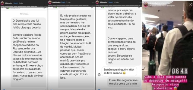 Instagram / @ticipinheiro Ticiane Pinheiro explicou a situação a um seguidor e compartilhou a conversa pelos stories do Instagram.